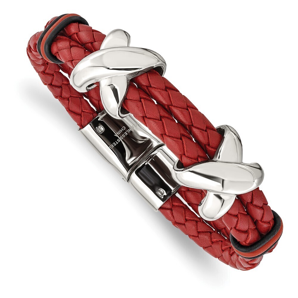 Kazi Luxury Steel Polished Red Leather & Black Rubber 8in Bracelet